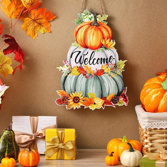 Fall Pumpkin Welcome Sign - Wooden Rustic Decorative Hanging Sign for Thanksgivi - Picture 2 of 6